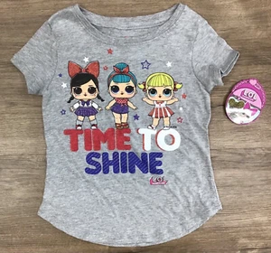 GIRLS’ L.O.L Surprise Short Sleeve "TIME TO SHINE" Glitter Dolls T-Shirt Gray XS - Picture 1 of 3