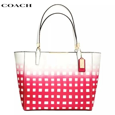 全新 &Tag - Coach 30118 Madison Gingham East West Safanio 皮革托特包 白色/粉色 — 第 1/2 张图片