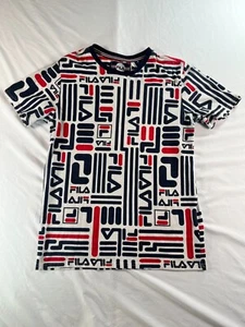 Fila Shirt Youth XL White All Over Print Short Sleeve Retro Casual Crew Neck AOP - Picture 1 of 10