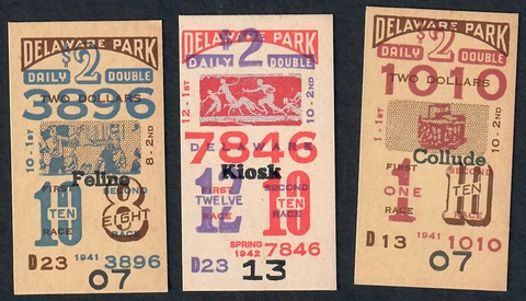 DELAWARE PARK - 3 OLD  1940'S CARDBOARD HORSE RACING DAILY DOUBLE TOTE TICKETS! Cover