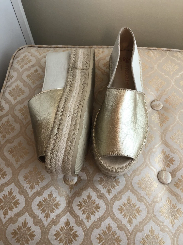 Macarena LeatherPeep Toe Platform Espadrille Gold/cream Handmade In Spain Size 7 - Image 1 of 4