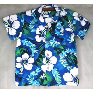 Vintage Royal Hawaiian Kids Cotton Barkcloth Shirt Boy Size 4 6 8 10 Blue Floral - Picture 1 of 7