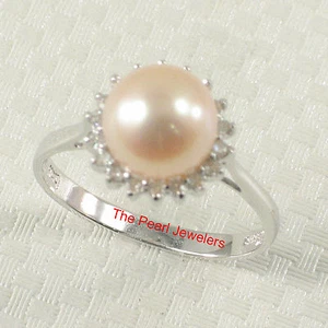 14k Solid White Gold AAA Natural Peach Cultured Pearl & Diamonds Cocktail Ring - Picture 1 of 8
