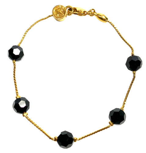 VALENTINO Bracciale Vintage Swarovski Tono Oro Sfaccettato Cristallo Nero Perline su Catena Grano
