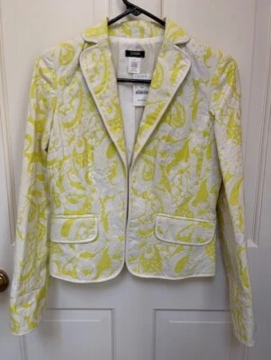 J. Crew 全新带标签锦缎黄色白色佩斯利开襟西装外套夹克,尺寸 0 — 第 1/4 张图片