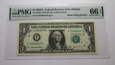 $1 2003 Radar Serial Number Federal Reserve Currency Bank Note Bill PMG UNC66EPQ - Image 1 of 3
