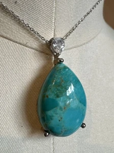 Sterling Silver Teardrop Turquoise & Clear Topaz Pendant On A Fine Chain TGGC - Picture 1 of 8