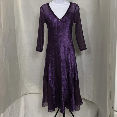 Komarov Dress Small Womens Purple Crinkle Charmeuse Sequin Trim Midi A-Line - Image 1 of 4