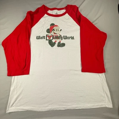 Disney Mickey Mouse T-Shirt 2XL White w/Red Long Sleeves Christmas Holiday Micky - Image 1 of 4