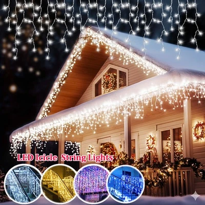 LED Icicle Christmas Lights Plug in Outdoor Curtain Fairy Lights Xmas Wedding - Image 1 of 4