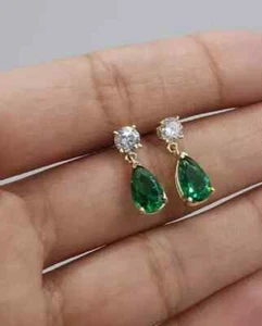 3Ct Pear Cut Lab Created Emerald Dangle Stud Earrings 14K Yellow Gold Plated 925 - Picture 1 of 7