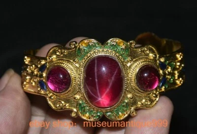 Pulsera brazalete joyería mariposa gema rosa incrustación dorada plata china antigua de 2,6" Foto 1 de 4