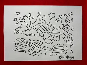 Keith Haring drawing on antique paper (handmade), signed and sealed, vintage art - Picture 1 of 2