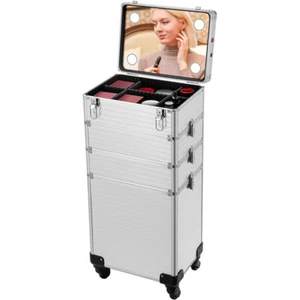 Rolling Makeup Case Artist Cosmetic Train Case Aluminum 4-In-1 Makeup Trolley - Picture 1 of 43