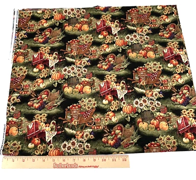 Fabric Susan Winget Fall Wheel Barrel with Pumpkins Sunflower Apple Farm 42"x71" - Image 1 of 4
