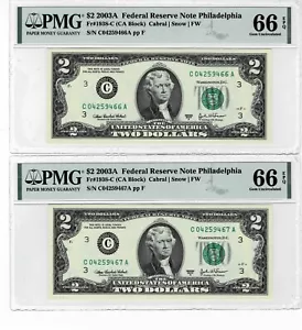 2003A $2 Federal Reserve notes- (2) Consecutive serial#--PMG GEM UNC 66 EPQ! - Picture 1 of 6