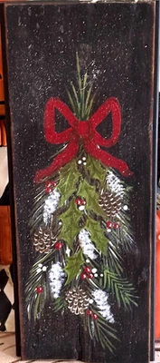 *~* HAND PAINTED HOLIDAY SPRIG * PINE * HOLLY * PINE CONES *~* RECLAIMED WOOD - Image 1 of 2