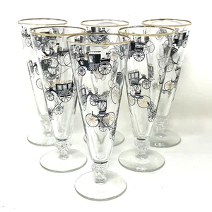 Vintage Libbey LRS137 Pilsner Beer Glasses Black & Gold Antique Cars MCM Set 6 - Picture 1 of 8