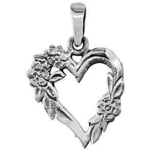 925 Sterling Silver Floral Flower Open Heart Pendant 3/4 Inch (19mm) Tall - Picture 1 of 1