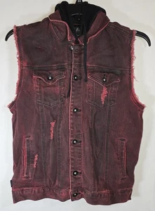 XXX Rude Mens Red Acid Wash Hood Denim Vest Grunge Punk Goth Skater Sz M - Picture 1 of 9