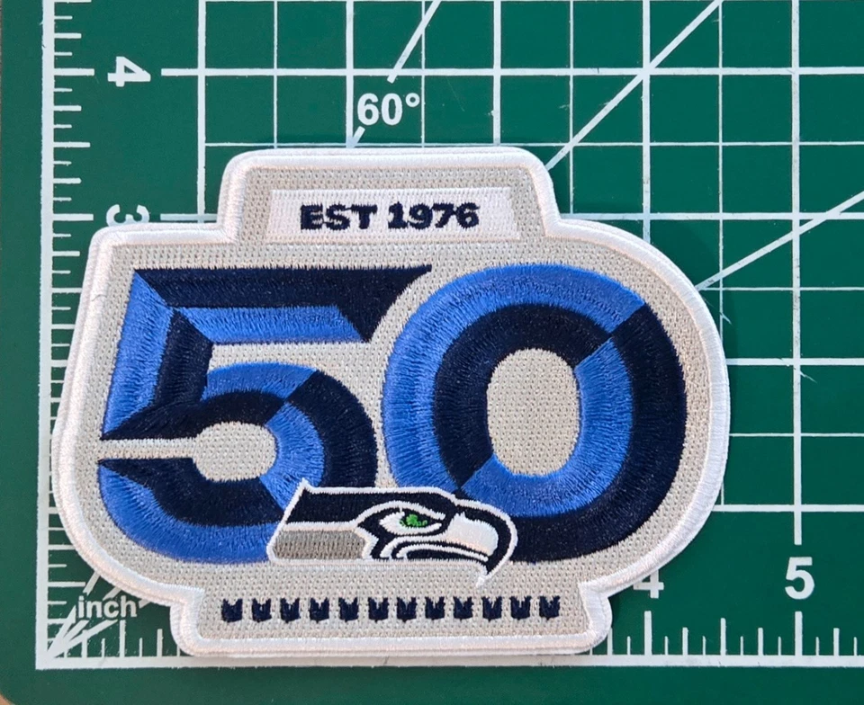 Seattle Seahawks 50 Seasons 4 1/2" Iron On Embroidered Patch Free Tracking! - Image 1 of 1