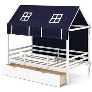 Twin House Bed Solid Wood Playhouse Bed Low Loft Bed w/ Tent 2 Storage Drawers - Picture 1 of 10