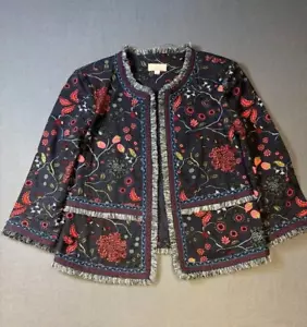 LOFT Ann Taylor Size 6 Primavera Floral Fringe Dark Navy Blue Blazer Jacket Open - Picture 1 of 12