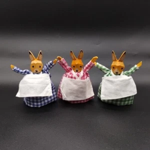 Rustic Easter Bunny Rabbits Wooden Face Wire Arms Checked Fabric Dresses Pier 1 - Picture 1 of 17