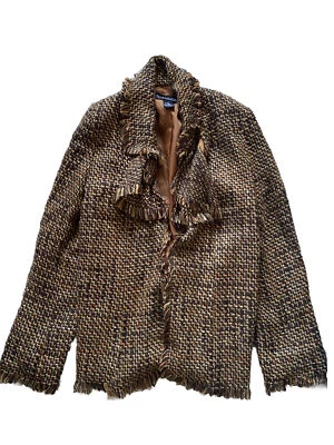 Dialogue Blazer Jacket Tweed Fringe Brown Cream Ruffle Small - Image 1 of 4