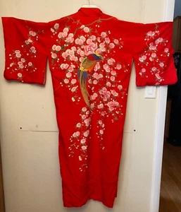 Vintage 50's 60's 100% Silk Kimono Robe Red Birds Hayashi Japan - Picture 1 of 9
