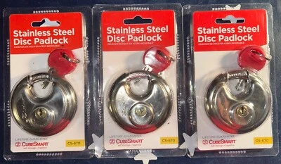 3 CubeSmart Stainless Steel 2 ¾" Disc Padlock  CS-670   3 Packs each with 6 Keys - Image 1 of 4