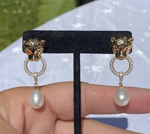 Ross Simons 18K Gold Over Sterling Pearl & Diamond Panther Doorknocker Earrings - Picture 1 of 12