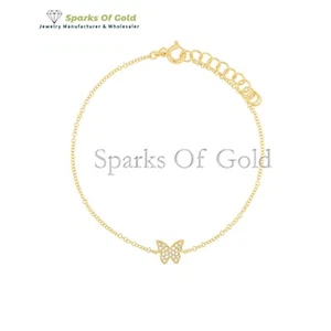 14k Yellow Gold 0.06 Ct Real Diamond Butterfly Charm Bracelet Party Wear Jewelry - Picture 1 of 7