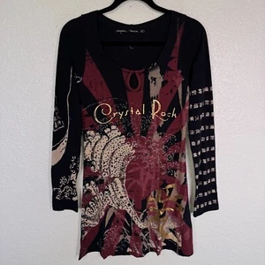 Christian Audigier Crystal Rock Shirt Womens Large Y2K Tuni Tsunami Rhinestone L - Picture 1 of 12