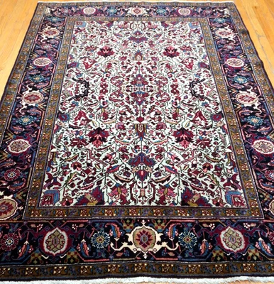 Excelente Alfombra Antigua Herizz 4'9" x 6'4" Lana Anudada a Mano Azul Cielo Rara Foto 1 de 4