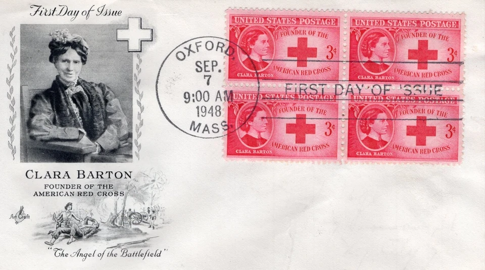1948 #967 CLARA BARTON RED CROSS BLOCK OF 4 FDC W/ ART CRAFT CACHET - Image 1 of 1