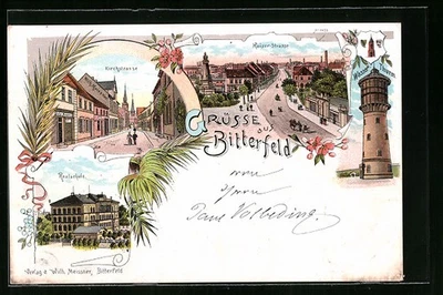 Lithographie Bitterfeld, Kirchstrasse mit Geschäften, Realschule, Wasser-Turm  - Bild 1 von 2