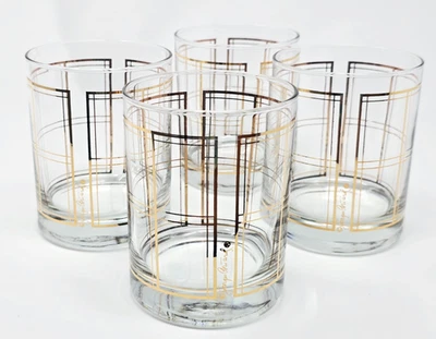 Juego de 4 vasos Georges Briard Lowball cristal ventana dorado moda antigua bar pub MCM Foto 1 de 4