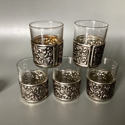 Schnapsgläser REIMS France Vintage 1950er 5 Stück Metallhalter Silberfarbene Alt - Bild 1 von 4