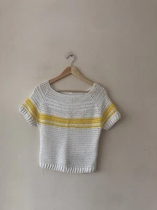 Handknit Handmade White & Yellow Stripe Short Sleeve Jumper - Size S/M - Picture 1 of 5