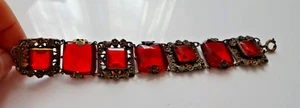 Antique Art Deco Bracelet Blood-Red Square Vauxhall Glass Floral Brass Decor 7" - Picture 1 of 14