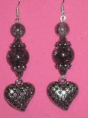 ANTIQUE SIVER HEART EARRINGS w/ DARK GRAY GLASS BEADS-HANDCRAFTED - Image 1 of 4