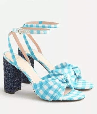 NUEVO EN CAJA J Crew Talla 8 Colección Sandalias Stella Azul Guinga Anudadas con Tacón Brillo Foto 1 de 4