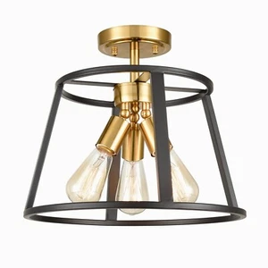 3-Light Semi Flush Mount Ceiling Light Modern Brass and Black Ceiling Light - Picture 1 of 7