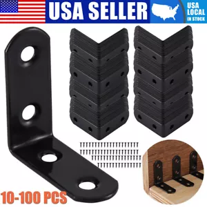 Black L-Shaped Bracket Corner Brace Stainless Steel 90° Right Angle W/ Screw Lot - Picture 1 of 12