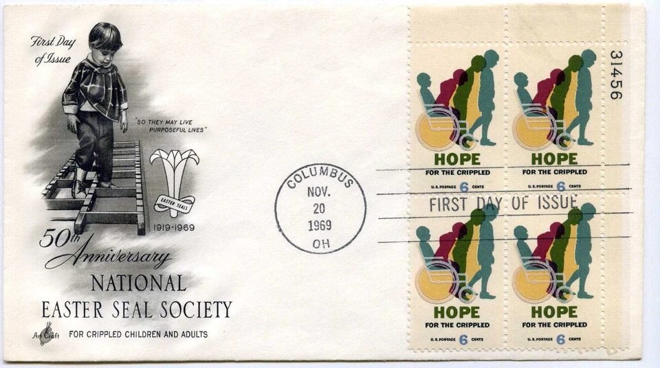 1385 Hope for Crippled Children Artcraft plate block FDC - Image 1 of 1