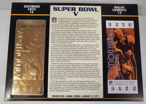 NFL SUPER BOWL V 22KT GOLD TICKET WILLABEE WARD BALTIMORE COLTS 16 COWBOYS 13 Cover