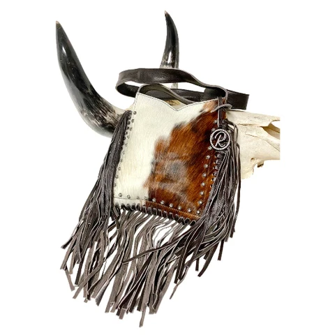 Raviani Western Fringe Crossbody Bag In Brown & White Calfskin Leather Cover