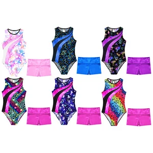 Kids Girls Dance Outfits Training Leotard Color Contrast Dancewear Glossy Yoga - Picture 1 of 73