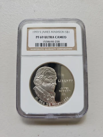 1993S $1 Silver NGC PF69 PF 69 PF-69 JAMES MADISON Proof Dollar Ultra Cameo Coin Cover